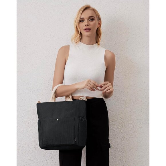 Prite Women Black Corduroy Large Hobo Shoulder Crossbody Tote Bag With Pockets - Picture 6 of 6